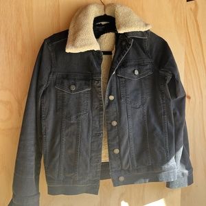 black denim All Saints jacket with removable sherpa lining